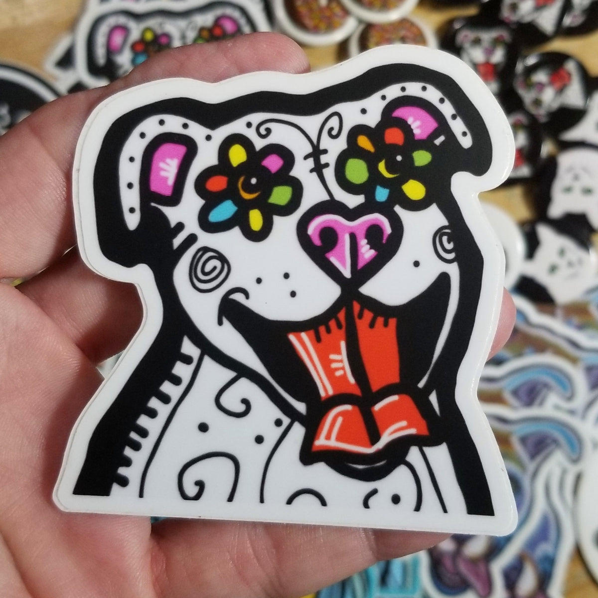 Colorful sugar skull dog vinyl sticker drawn by Michele The Painter in York, Pennsylvania