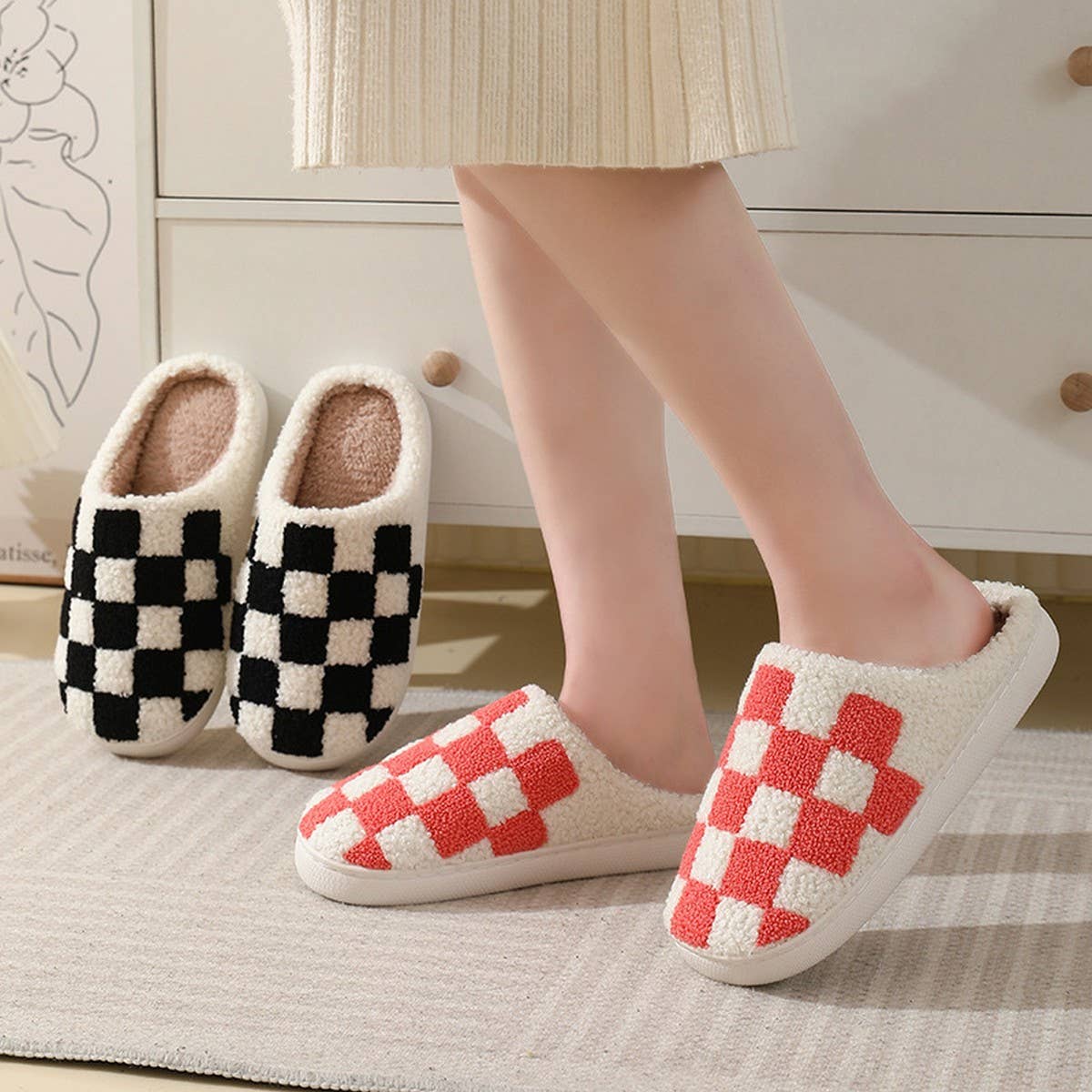 SIMPLE CHECKERED WARM COTTON SLIPPERS_CWSHS0250: Black / (8) 1