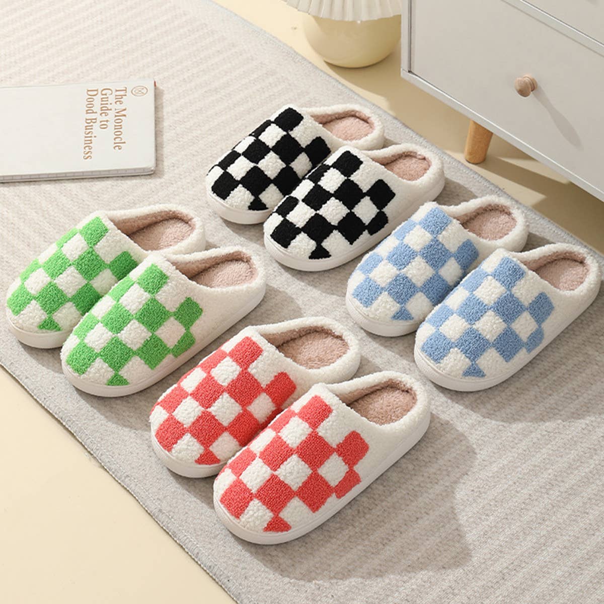 SIMPLE CHECKERED WARM COTTON SLIPPERS_CWSHS0250: Black / (8) 1