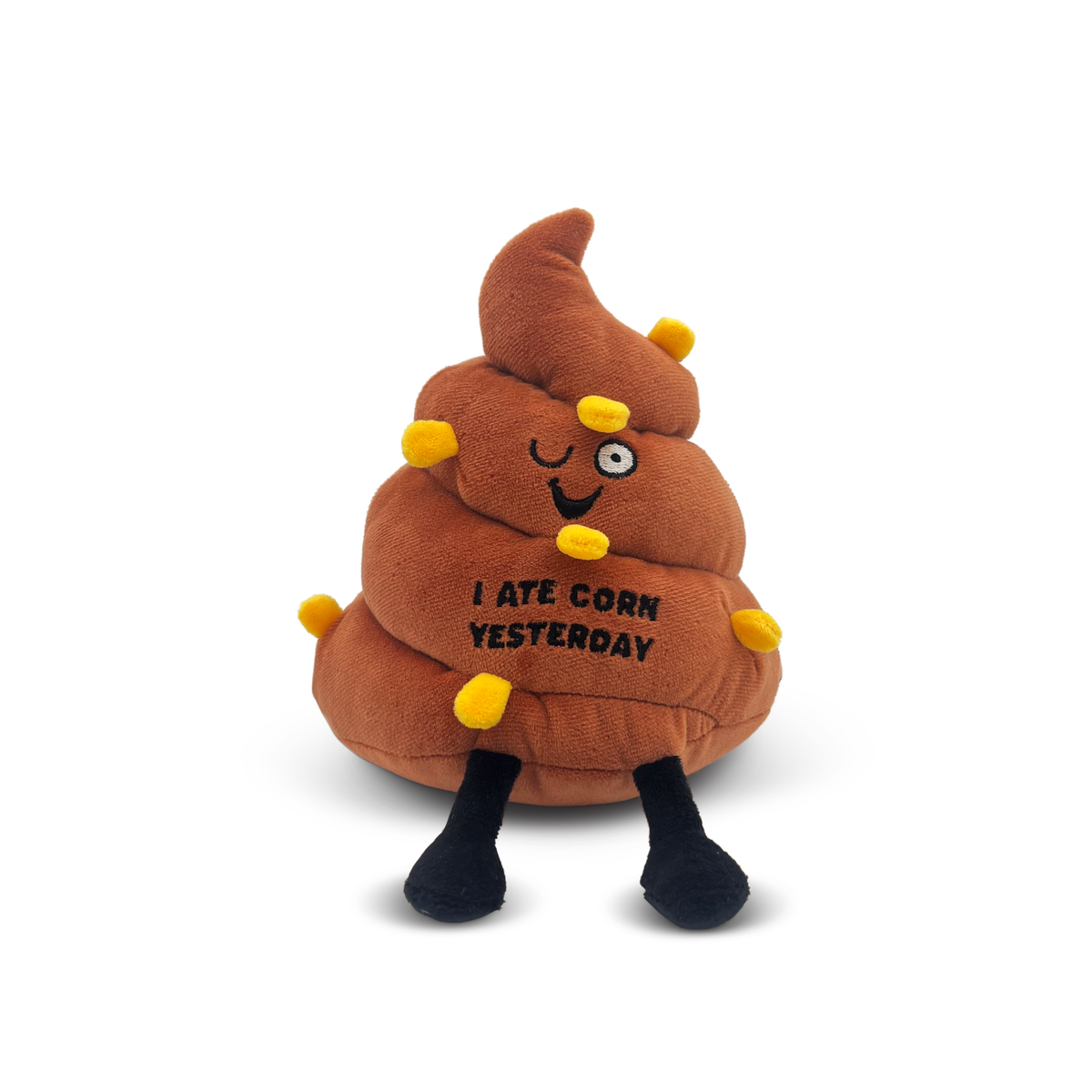 Brown poop plush with 3D corn pieces and embroidered text I Ate Corn Yesterday by Punchkins