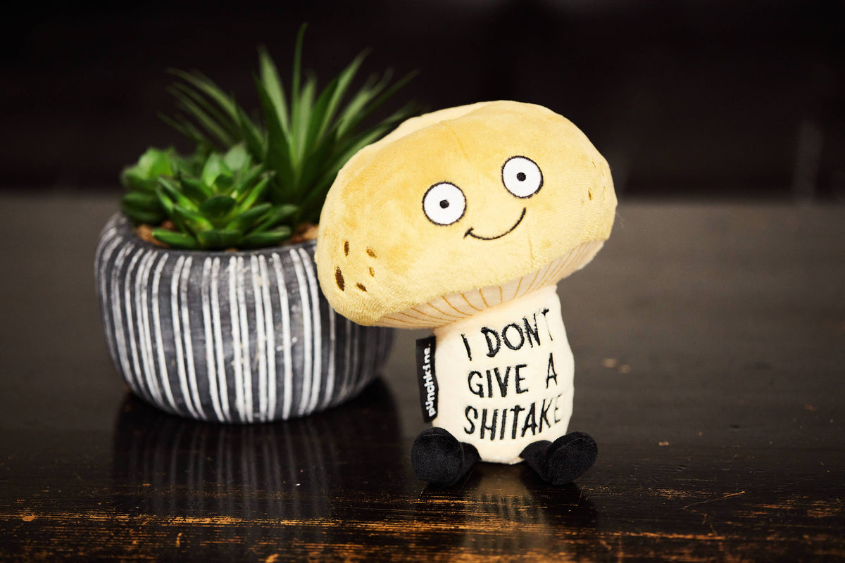 Brown mushroom plush with embroidered text I Don't Give A Shitake by Punchkins, view 3