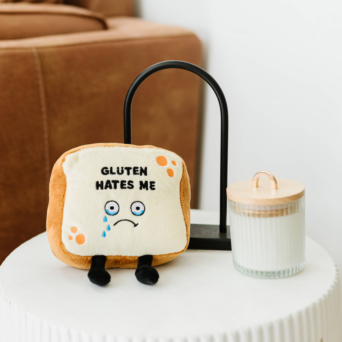Crying slice of bread plush with embroidered text Gluten Hates Me by Punchkins, view 3