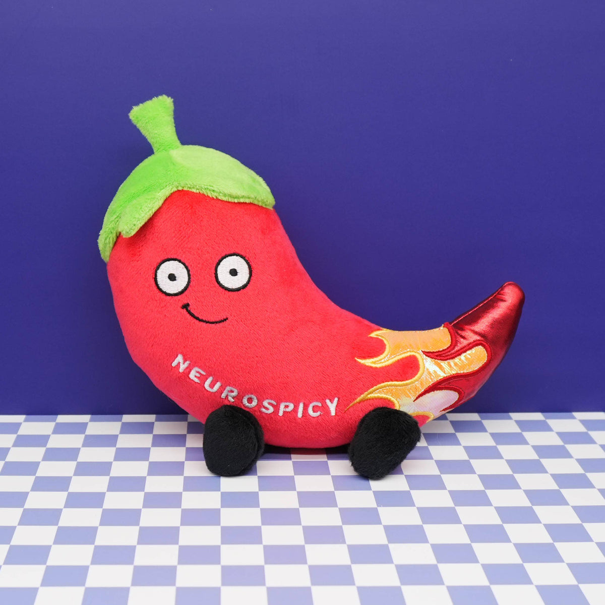 Red chili pepper plush with flame details and embroidered text Neurospicy by Punchkins, view 5