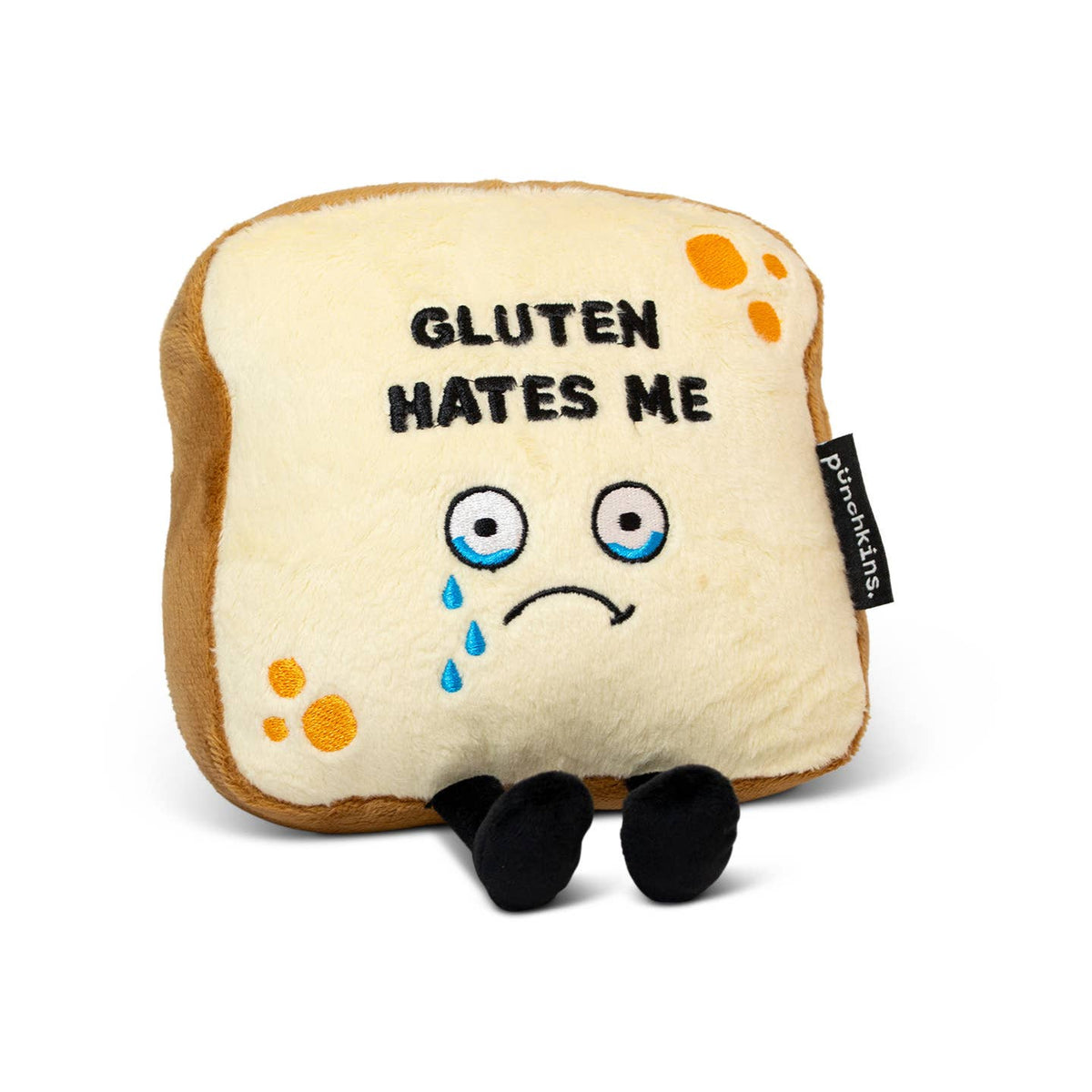 Crying slice of bread plush with embroidered text Gluten Hates Me by Punchkins