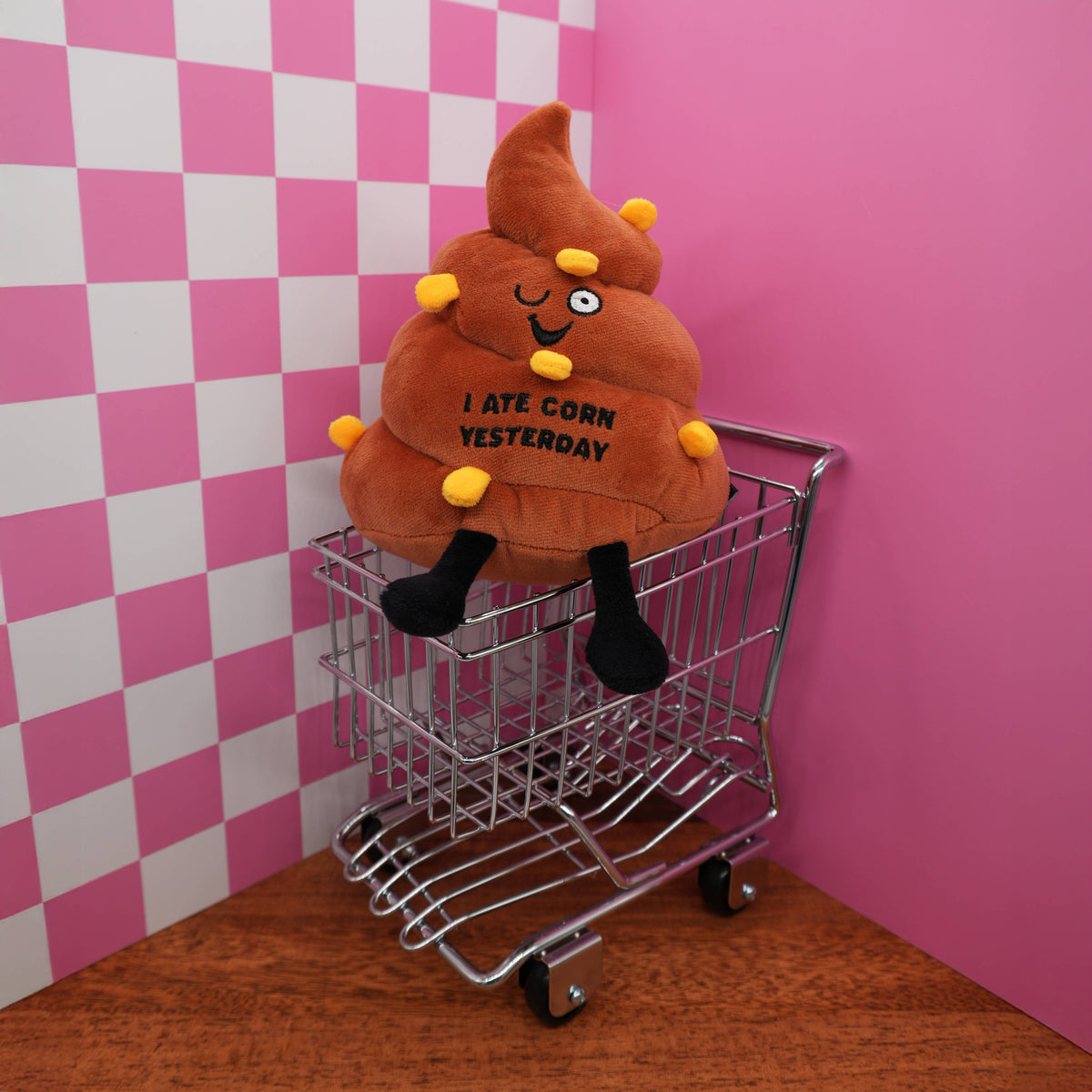Brown poop plush with 3D corn pieces and embroidered text I Ate Corn Yesterday by Punchkins, view 4