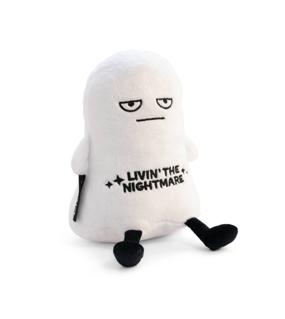 White ghost plush with bored expression and embroidered text Livin' The Nightmare by Punchkins