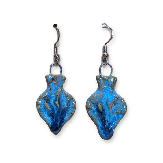 Handmade blue ceramic drop earrings with variegated swirl glaze on sterling silver hooks by ABeYOUtifulMind