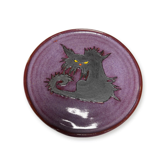 Handmade purple ceramic Halloween plate with hand-painted gray scaredy cat with yellow eyes by ABeYOUtifulMind