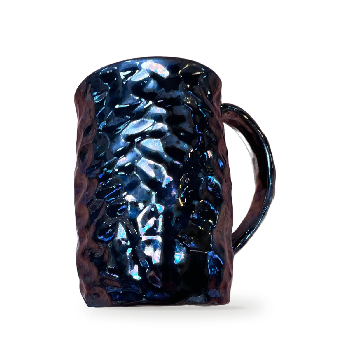 Handmade iridescent black textured ceramic mug with faceted surface by ABeYOUtifulMind