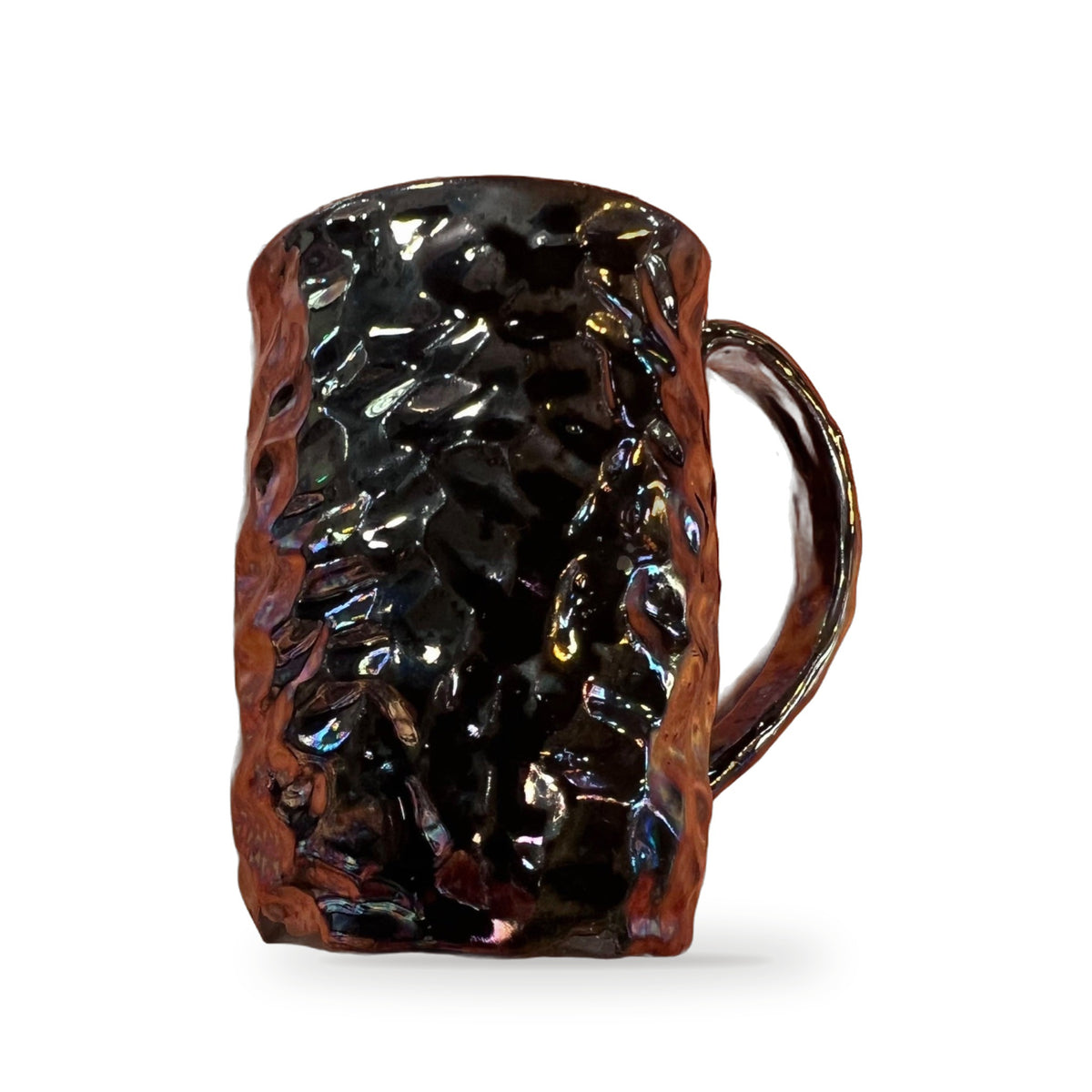 Iridescent Night Mug side view showing shimmering faceted glaze and handle
