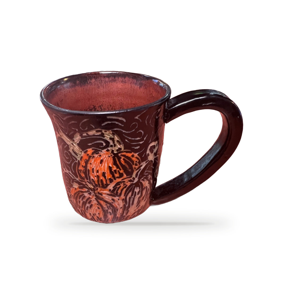 Handmade brown ceramic espresso mug with etched orange pumpkin patch design by ABeYOUtifulMind
