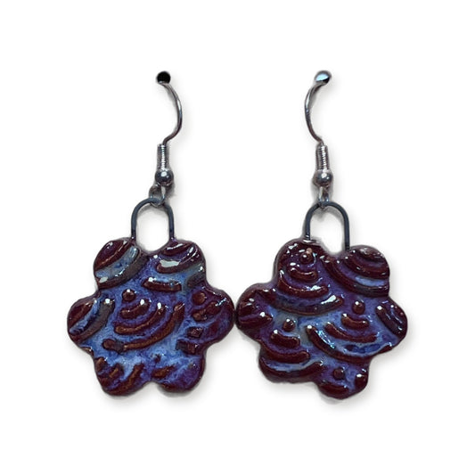 Handmade purple flower ceramic earrings with swirl texture on sterling silver hooks by ABeYOUtifulMind