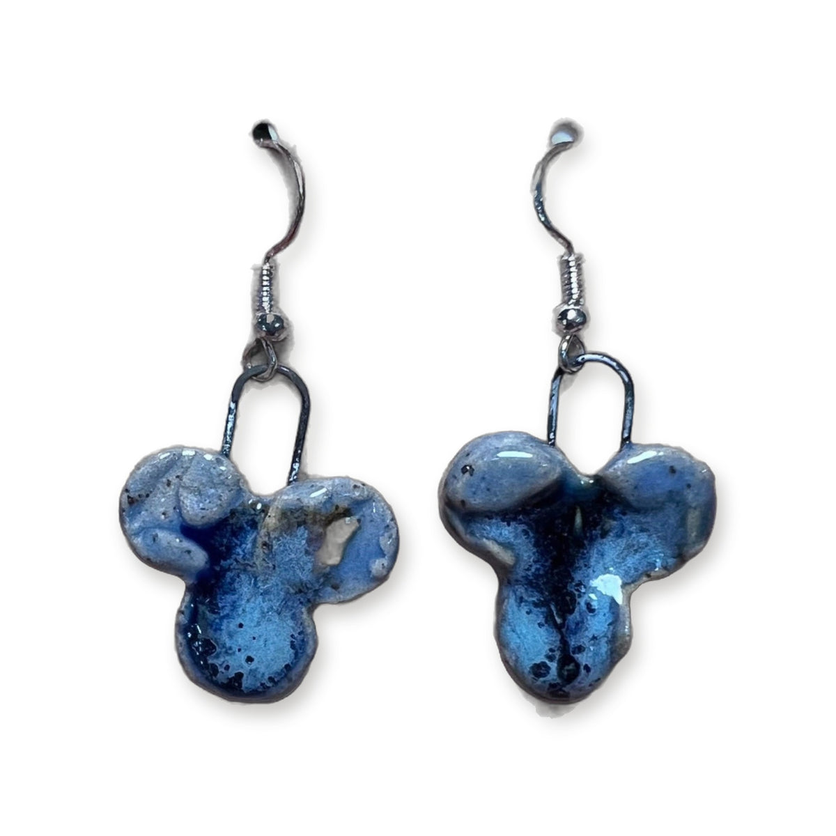 Handmade trefoil ceramic earrings in blue and gray glaze on sterling silver hooks by ABeYOUtifulMind