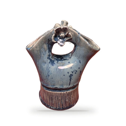 Handmade ceramic traditional wedding vase in blue-gray glaze with sculpted flower and textured base by ABeYOUtifulMind