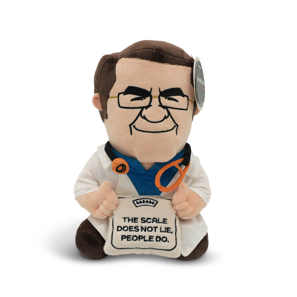Officially licensed Dr. Now plush in white coat holding a scale that says The Scale Does Not Lie People Do by Punchkins