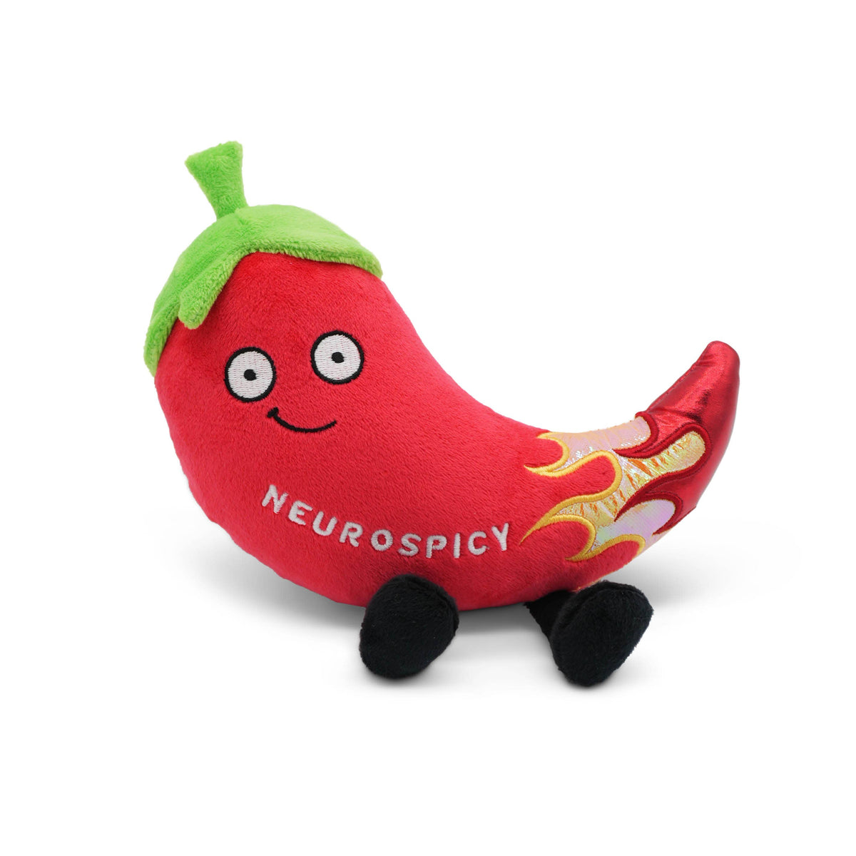 Red chili pepper plush with flame details and embroidered text Neurospicy by Punchkins