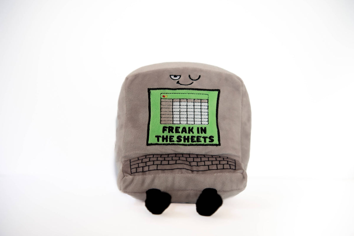 Gray computer plush with spreadsheet screen and embroidered text Freak In The Sheets by Punchkins