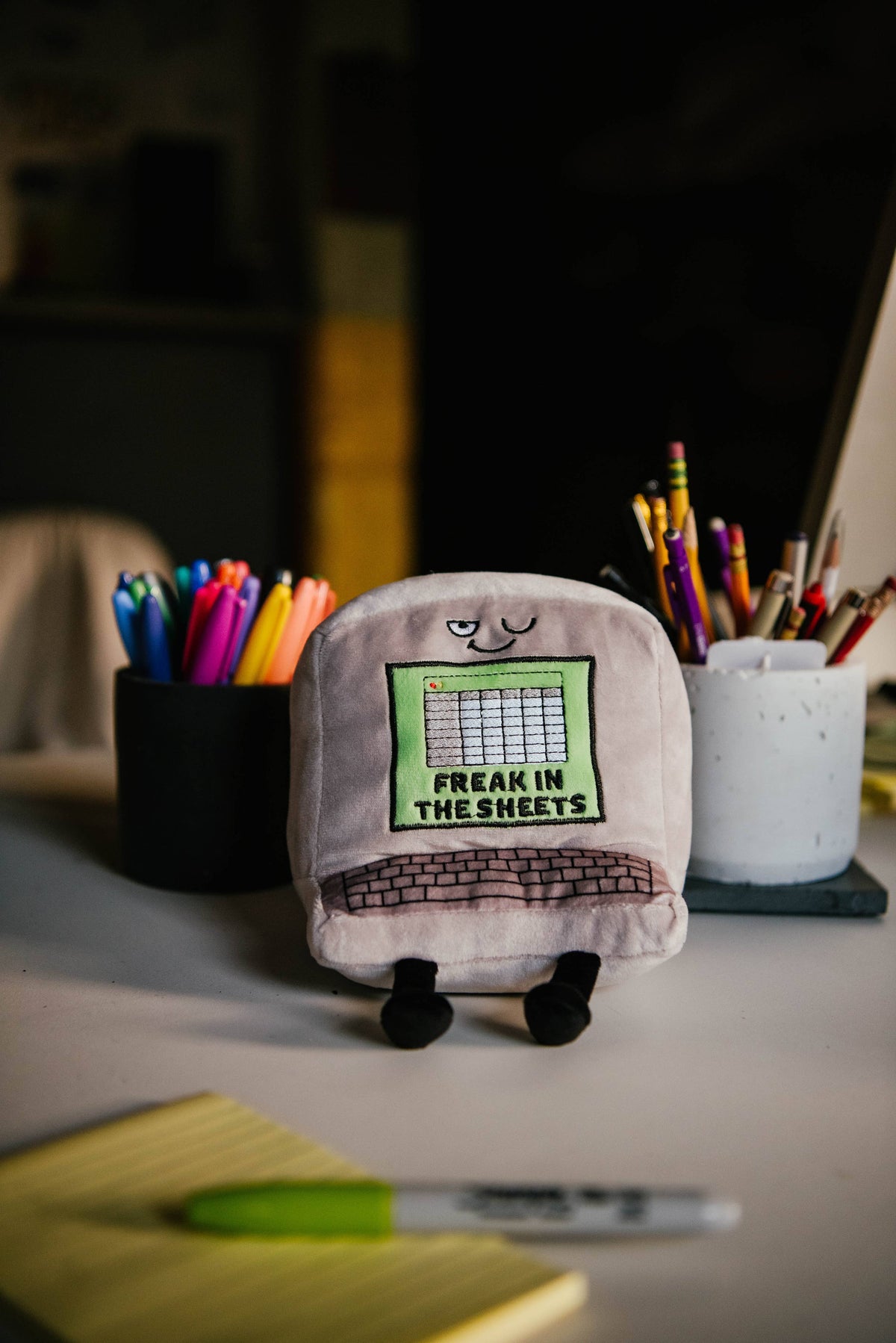 Gray computer plush with spreadsheet screen and embroidered text Freak In The Sheets by Punchkins, view 2