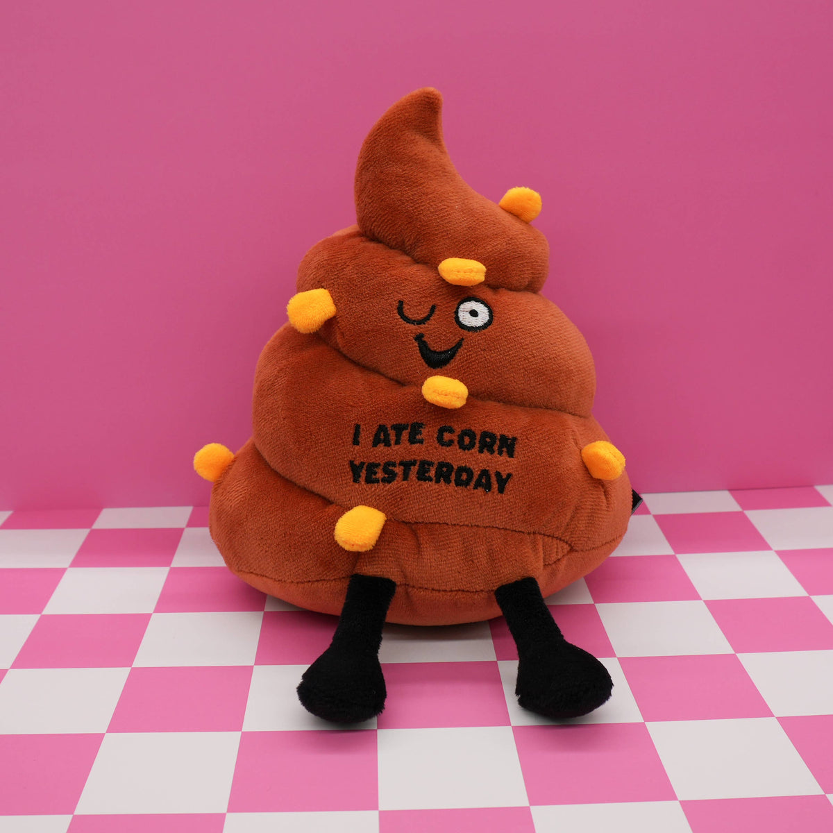Brown poop plush with 3D corn pieces and embroidered text I Ate Corn Yesterday by Punchkins, view 5