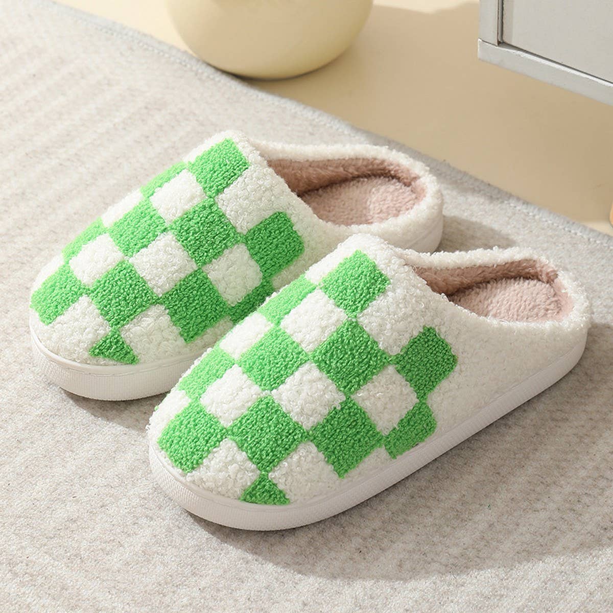 SIMPLE CHECKERED WARM COTTON SLIPPERS_CWSHS0250: Black / (8) 1