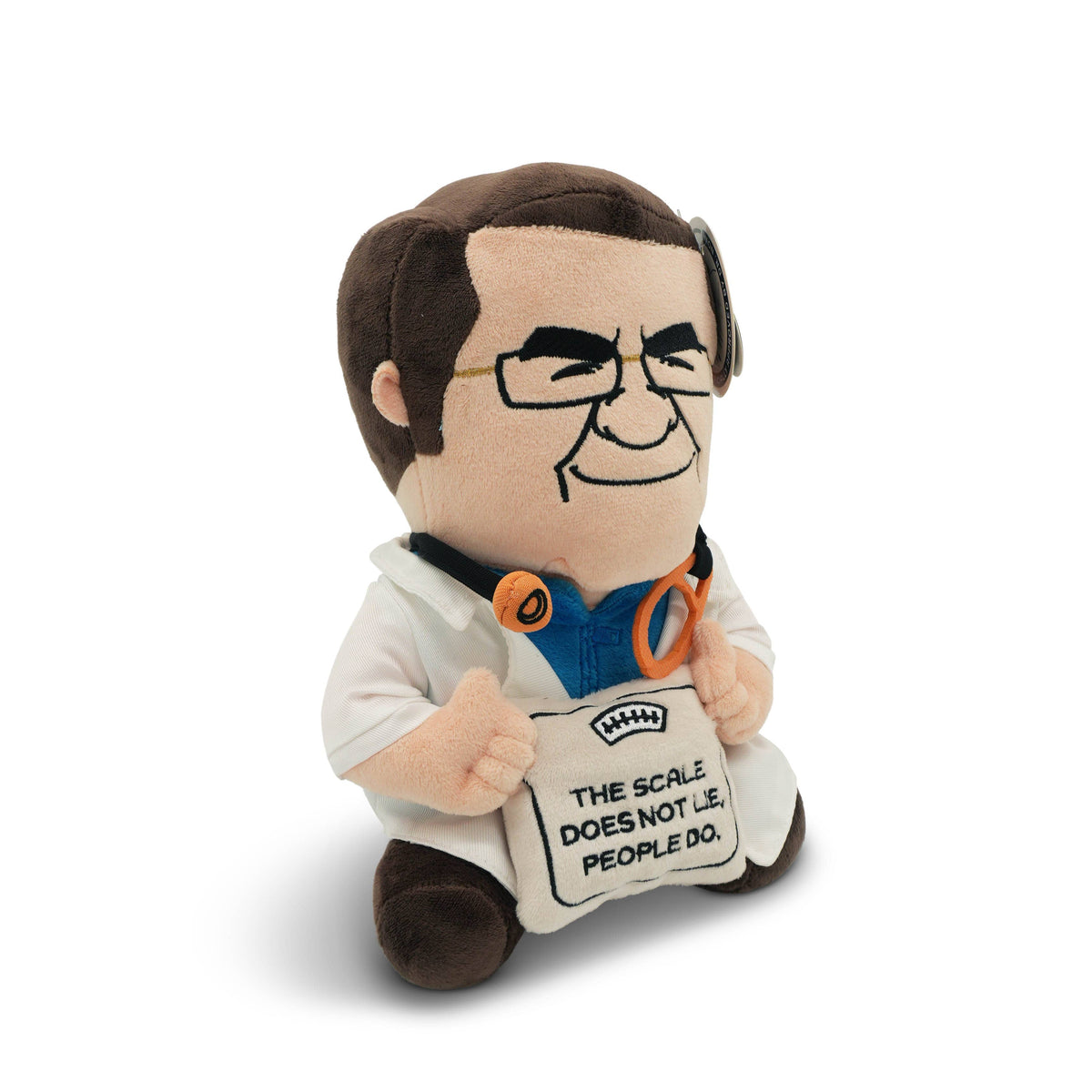 Officially licensed Dr. Now plush in white coat holding a scale that says The Scale Does Not Lie People Do by Punchkins, view 2