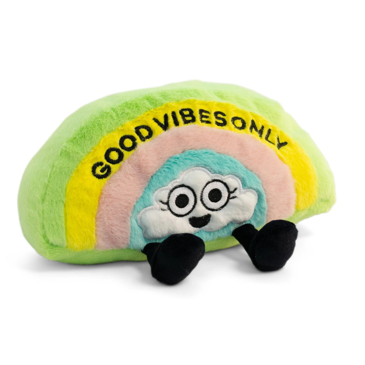 Pastel rainbow plush with smiling cloud face and embroidered text Good Vibes Only