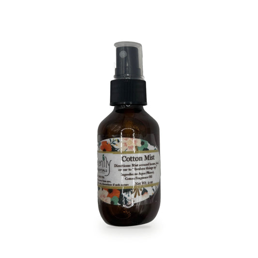 Cotton Mist 2 oz amber glass spray bottle with floral label by Katanily Essentials