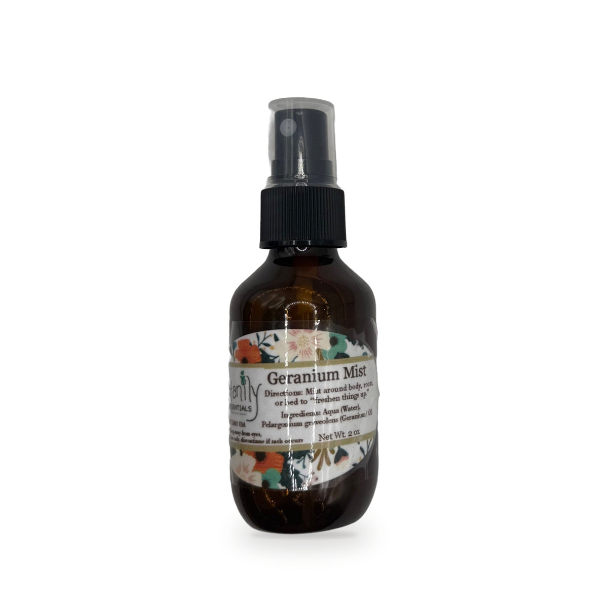 Geranium Mist 2 oz amber glass spray bottle with floral label by Katanily Essentials