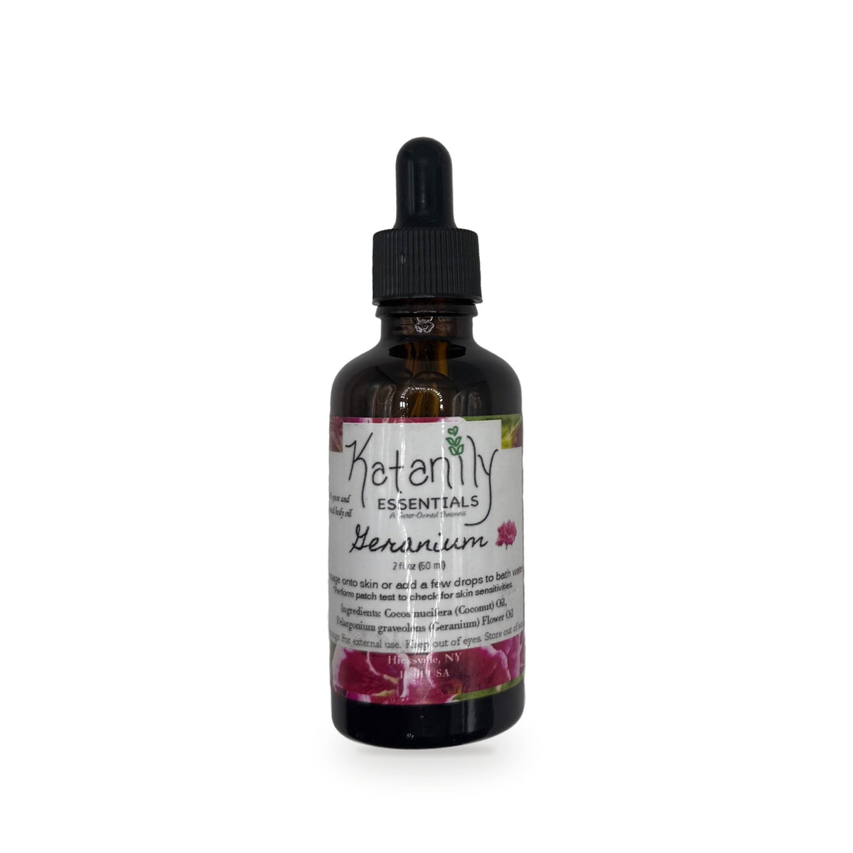 Geranium Body Oil 2 oz amber glass dropper bottle by Katanily Essentials
