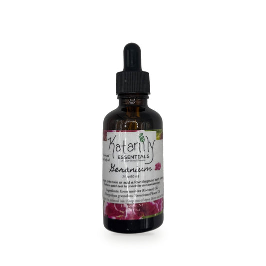 Geranium Body Oil 2 oz amber glass dropper bottle by Katanily Essentials