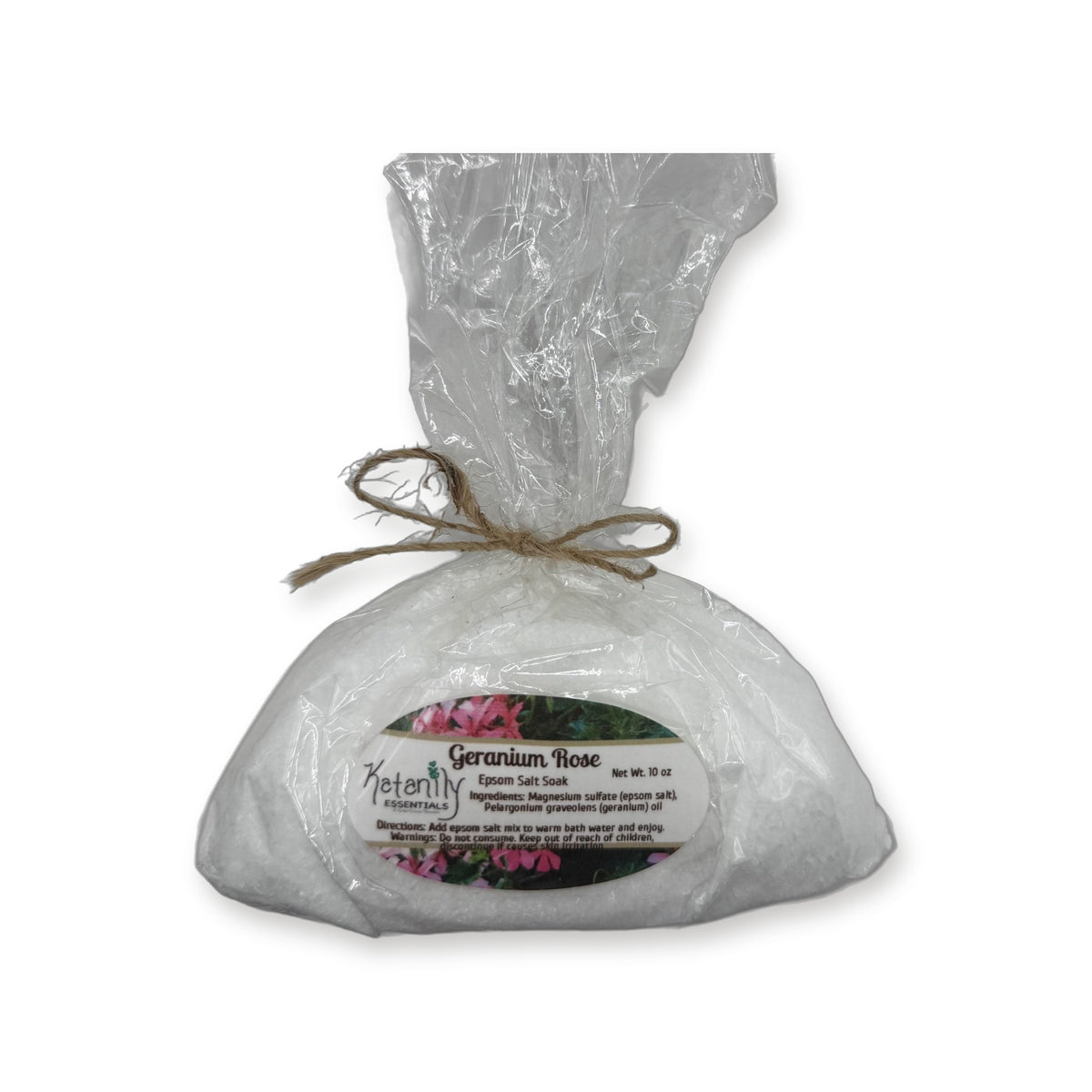 Geranium Rose Epsom salt soak in tied bag by Katanily Essentials