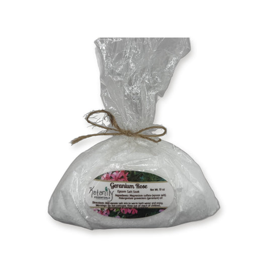 Geranium Rose Epsom salt soak in tied bag by Katanily Essentials