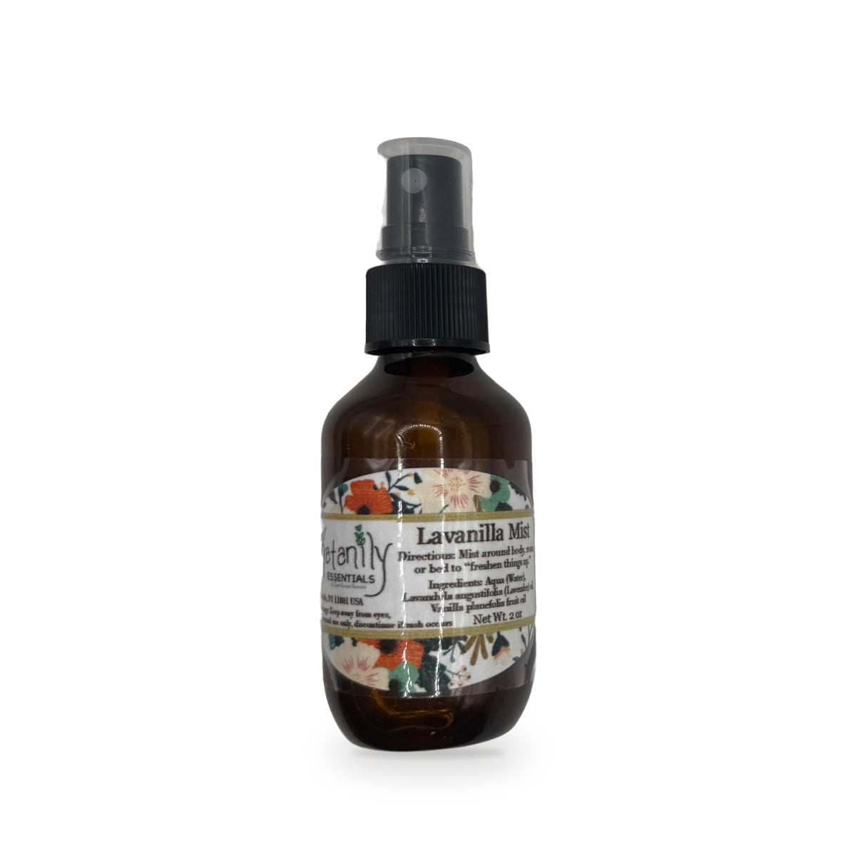 Lavanilla Mist 2 oz amber glass spray bottle with floral label by Katanily Essentials