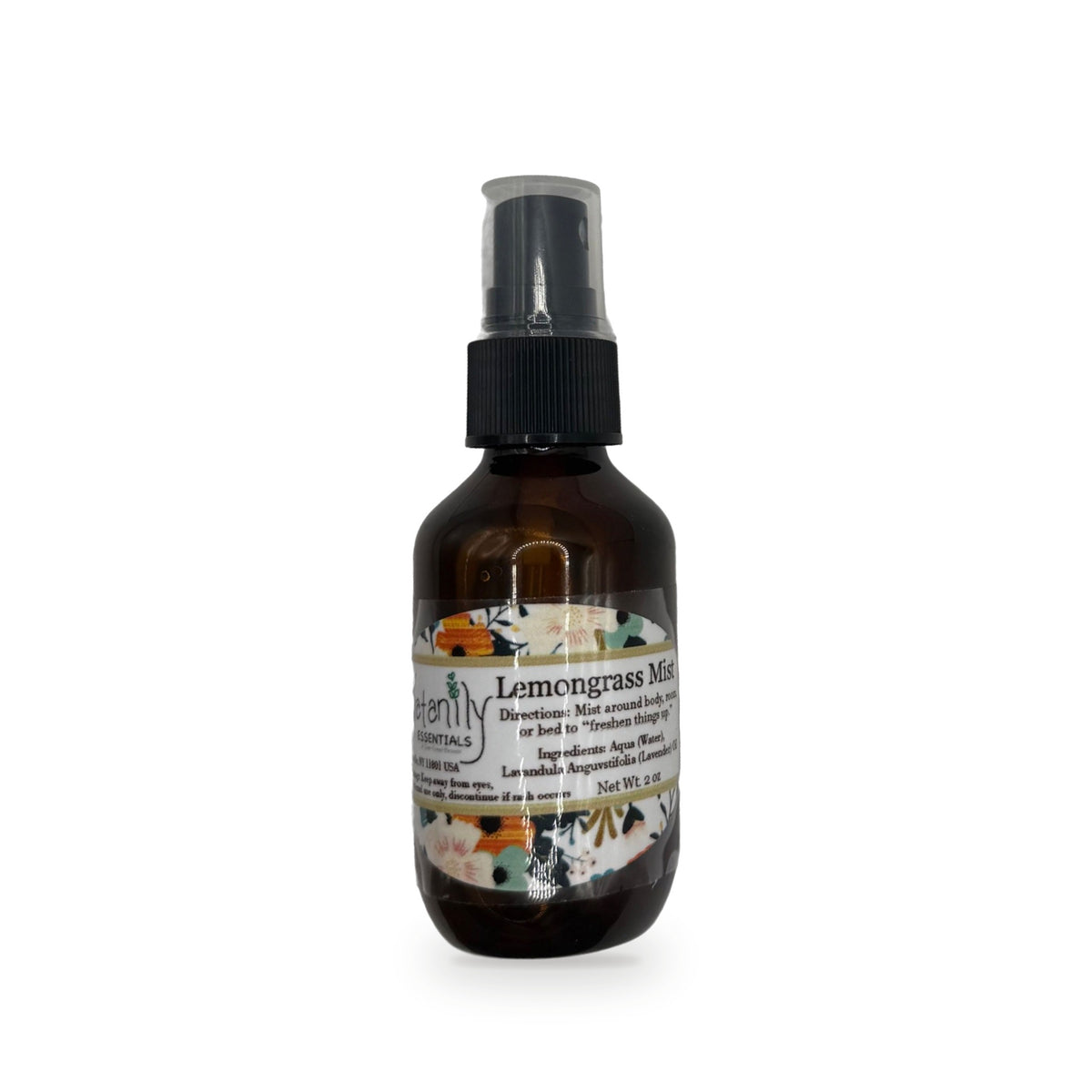 Lemongrass Mist 2 oz amber glass spray bottle with floral label by Katanily Essentials