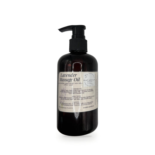 Lavender Massage Oil in amber pump bottle by Katanily Essentials