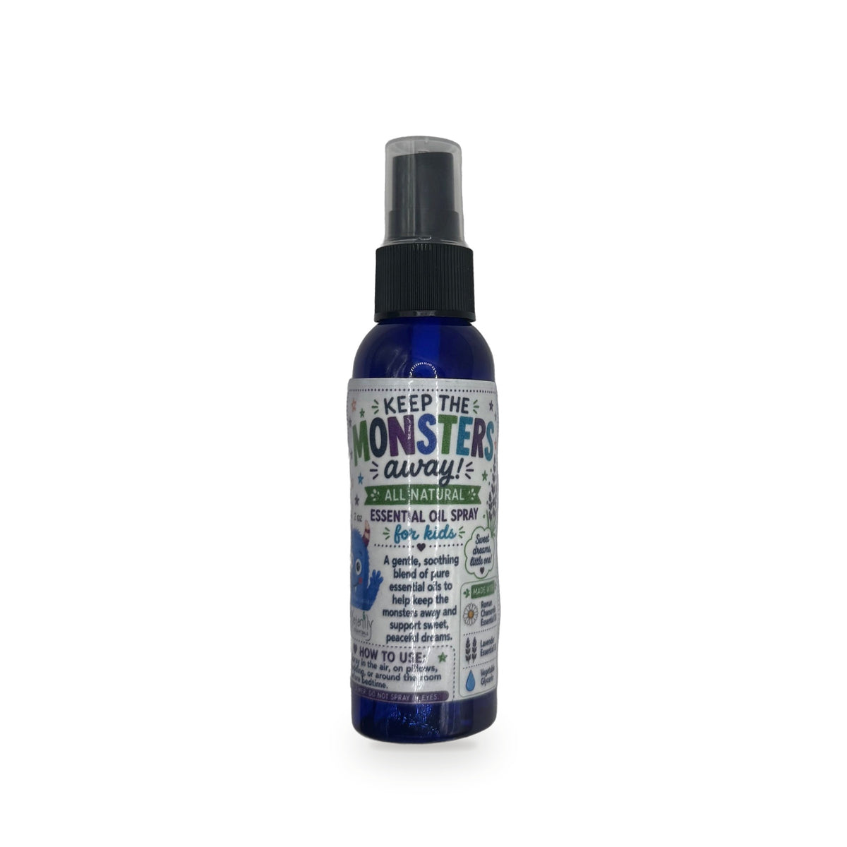 Keep the Monsters Away kids essential oil spray in blue bottle by Katanily Essentials