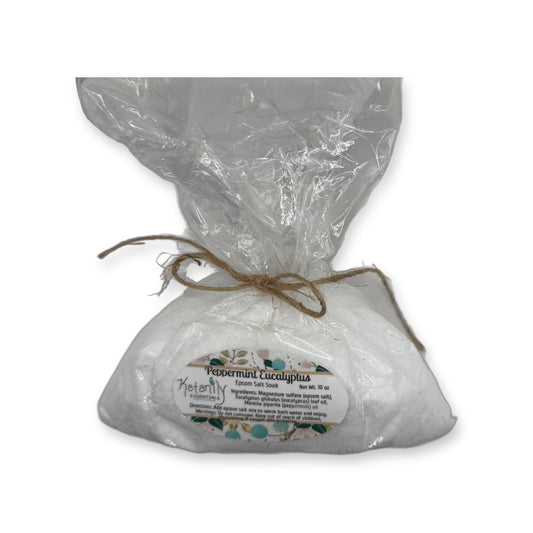Peppermint Eucalyptus Epsom salt soak in tied bag by Katanily Essentials