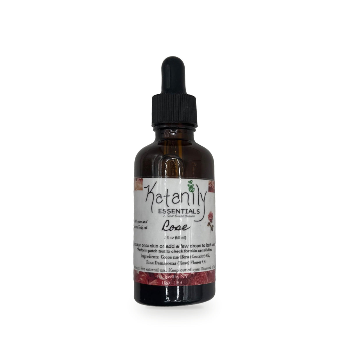 Rose Body Oil 2 oz amber glass dropper bottle by Katanily Essentials