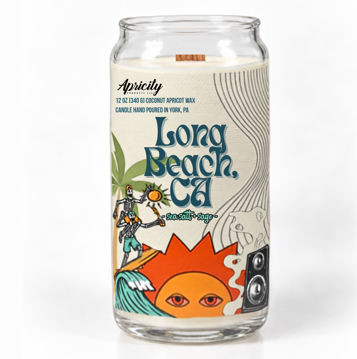 Long Beach, CA sea salt and sage candle in a clear glass can jar with a wooden wick