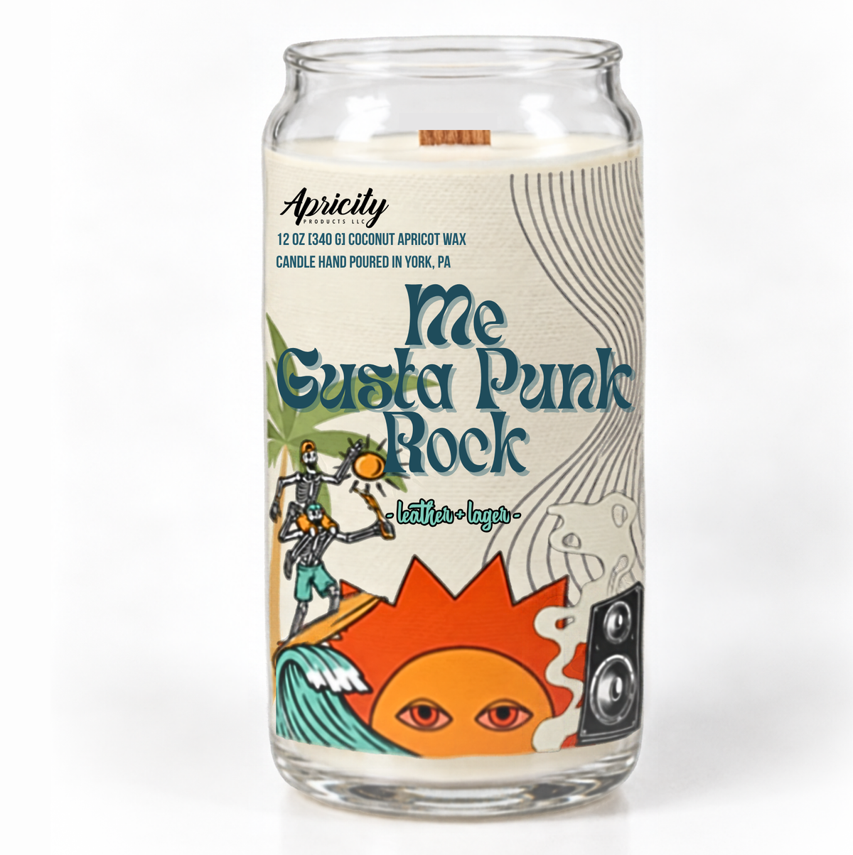 Me Gusta Punk Rock leather and lager candle in a clear glass can jar with a wooden wick