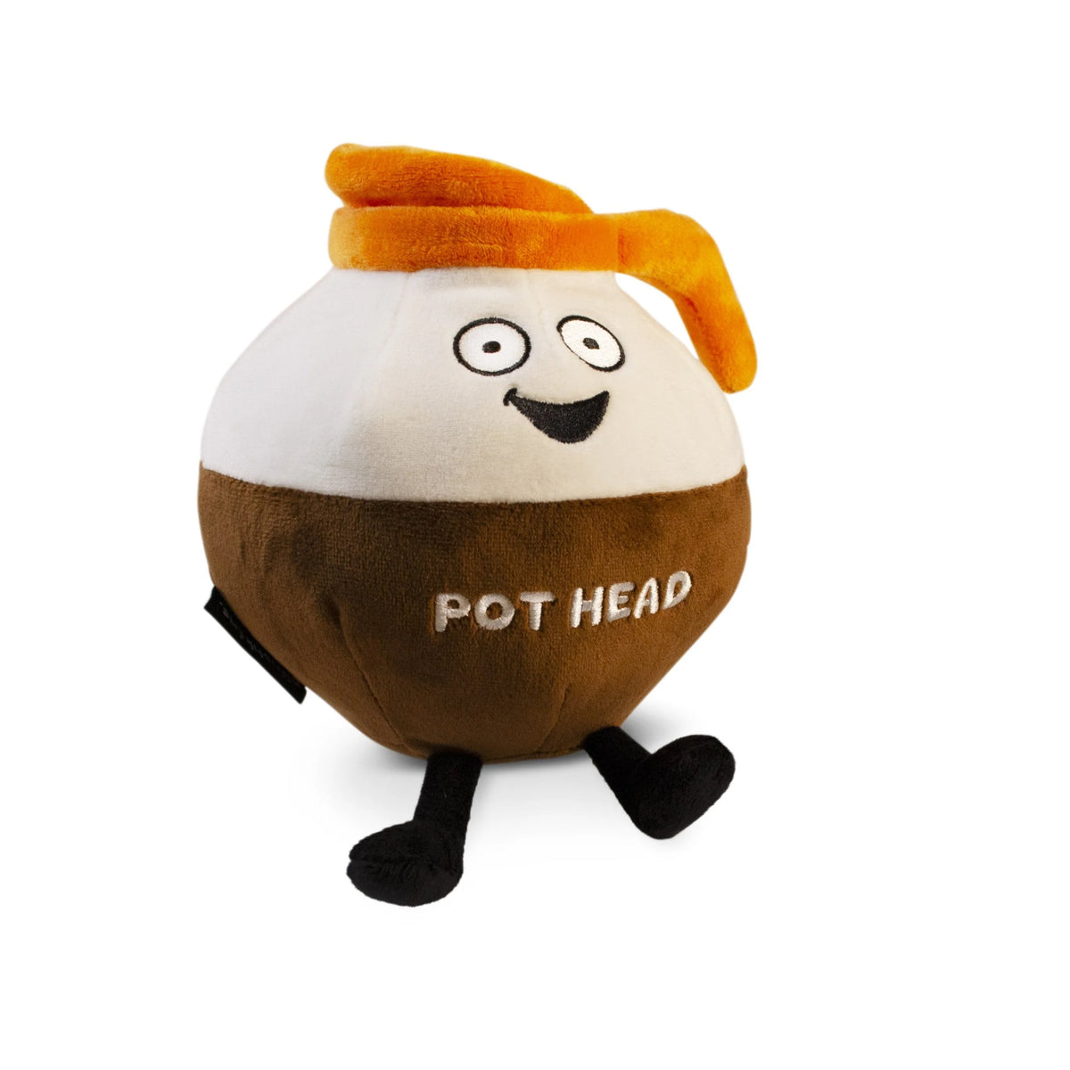 Coffee pot plush with orange handle and embroidered text Pot Head