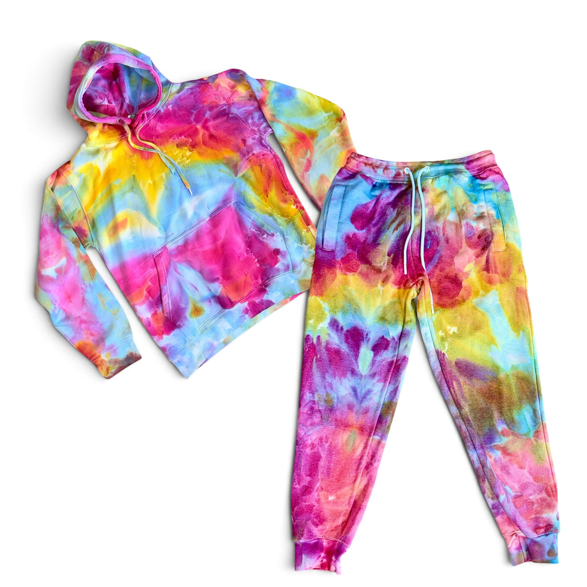 rainbow ice-dye hoodie and jogger sweatsuit set in pink, yellow, blue and orange, size large