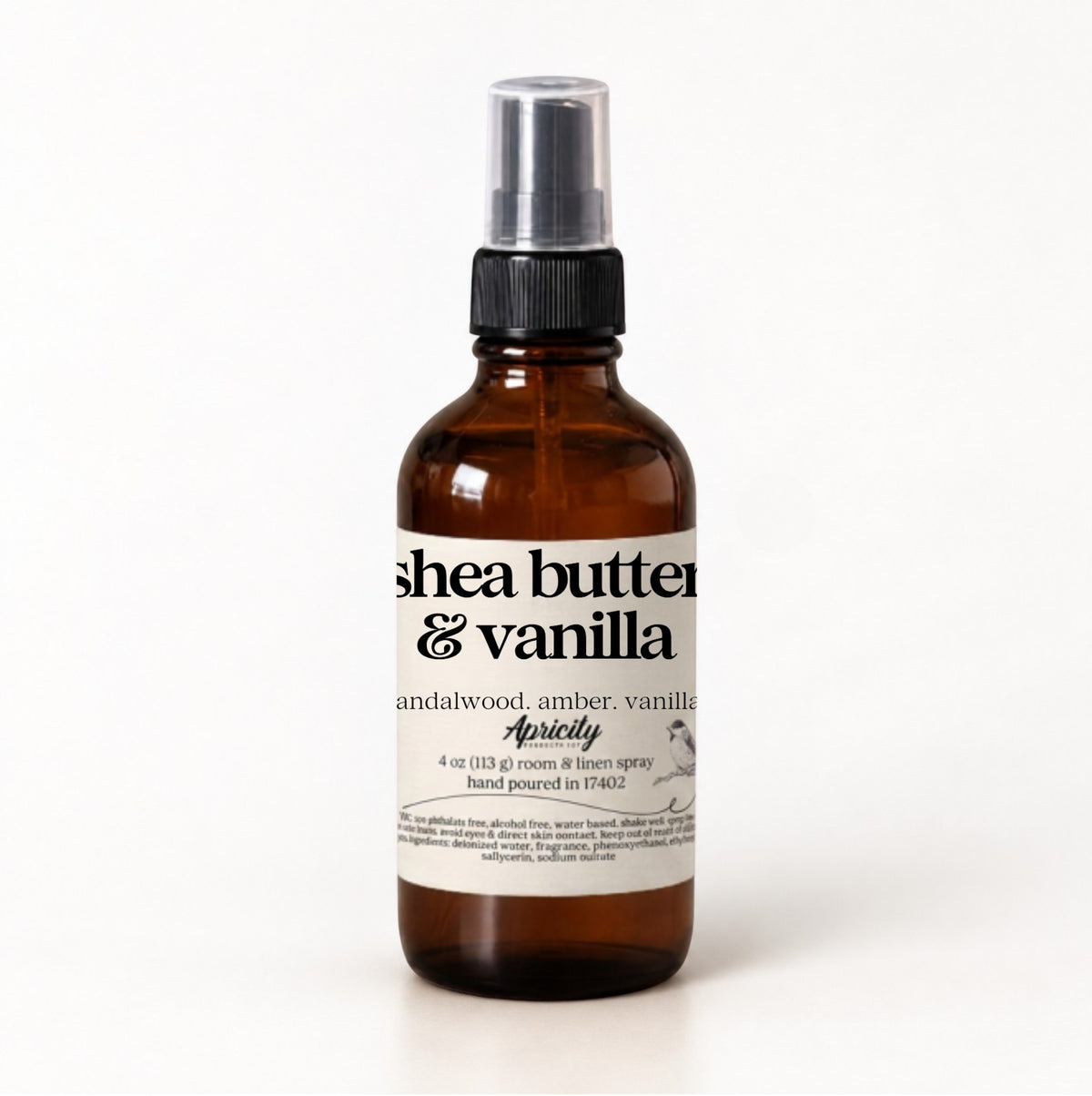 Shea Butter & Vanilla room and linen spray in a 4 oz amber glass bottle with a fine mist sprayer